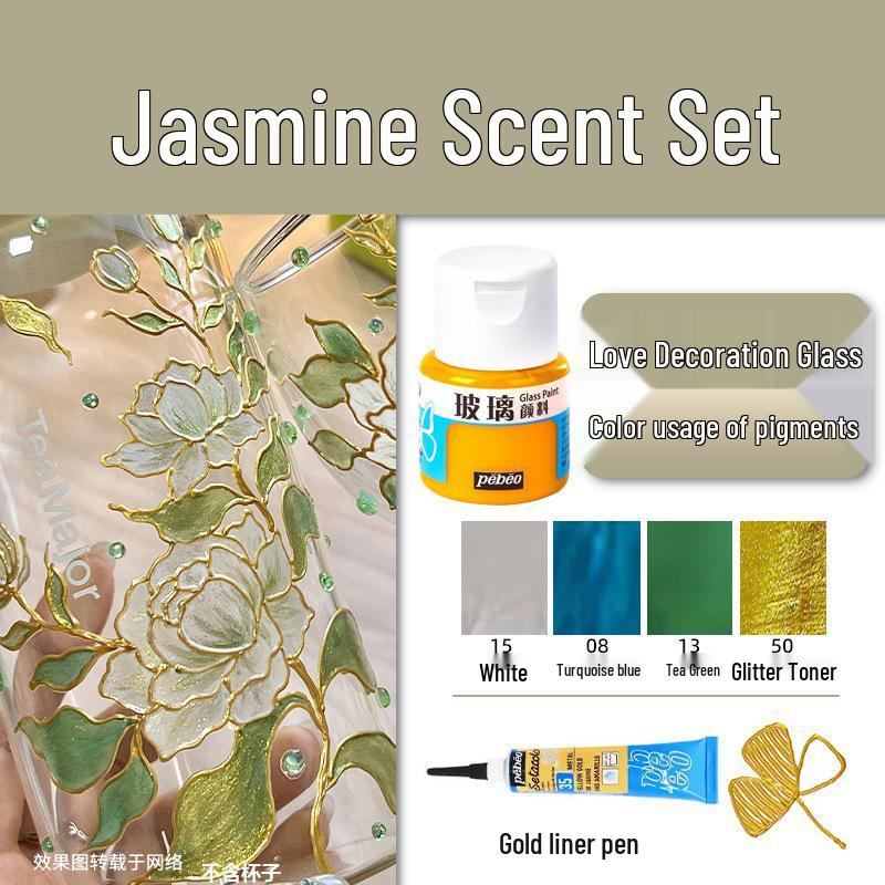 Rose Jasmine Moonlit Night Glass Paint Set with Osmanthus Scent and Gold Edge Hand-Painted Cup & Outlining Pen