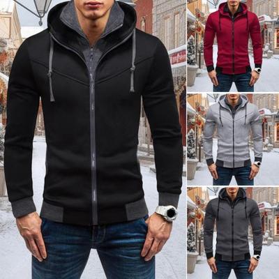 Fall Spring Men Hoodie Zipper Closure Long Sleeves Elastic Cuff Cardigan Drawstring Hooded