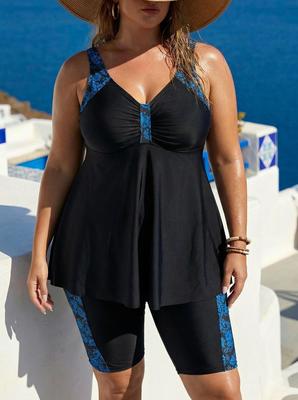 Damen Plus Size Floral Tankini Bade-Rock & Boardshorts (6X), Blau/Schwarz.