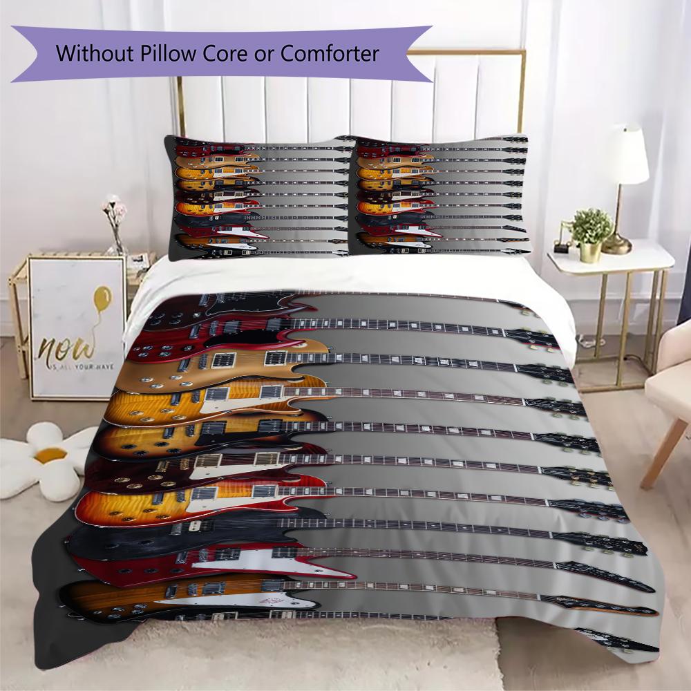 1PC Electric guitar Theme Bedding Quilt Set Quilt Cover Pillowcase Home Decoration Birthday Gift (1 * duvet cover + 2 * pillowcase, without core)A1