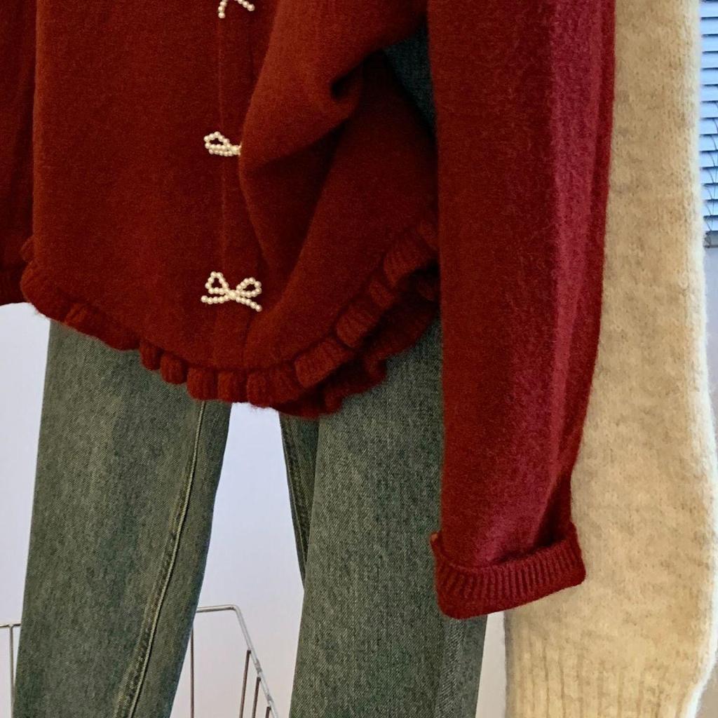 Korean Chic Lace Trim Round Neck Sweater Cardigan with Bow and Ruffle Edges for Women’s Autumn Winter Fashion.