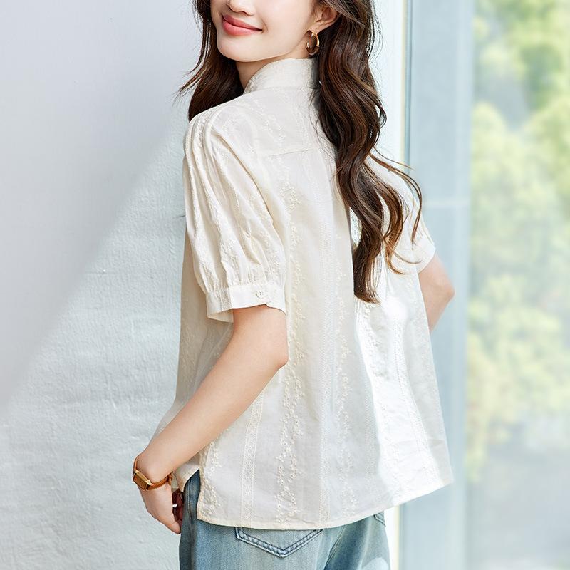 Apricot Embroidered Shirt for Women Short-sleeved Summer New Chinese Style Button Top Pure Cotton Embroidered Shirt