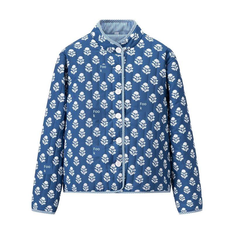 

Zbzr Осень Новинка Женская одежда Западный стиль Мода Простой и универсальный Воротник-стойка Принт Двустороннее хлопковое пальто- Dark Blue L