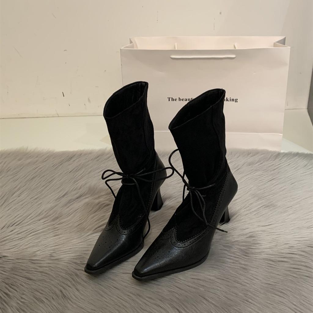 Autumn and winter new pointed thick heel knight boots women's retro lace-up high heel thin boots wide mouth stacking boots