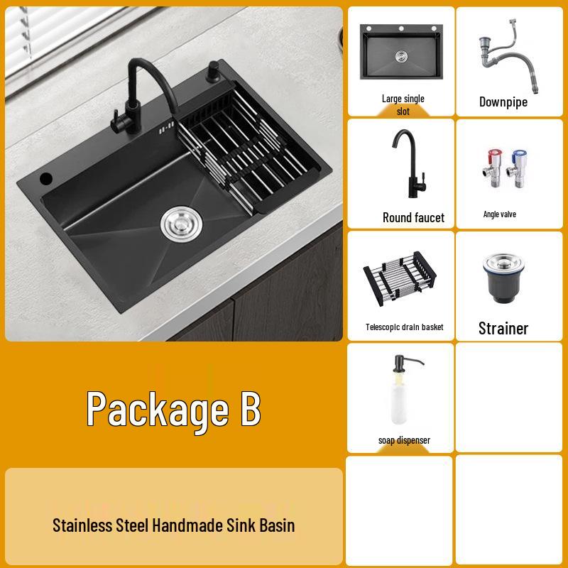 Stainless Steel Black Nano Large Single Bowl Kitchen Sink for Vegetables, Dishwashing, and Handwashing, Thickened Handmade Design
