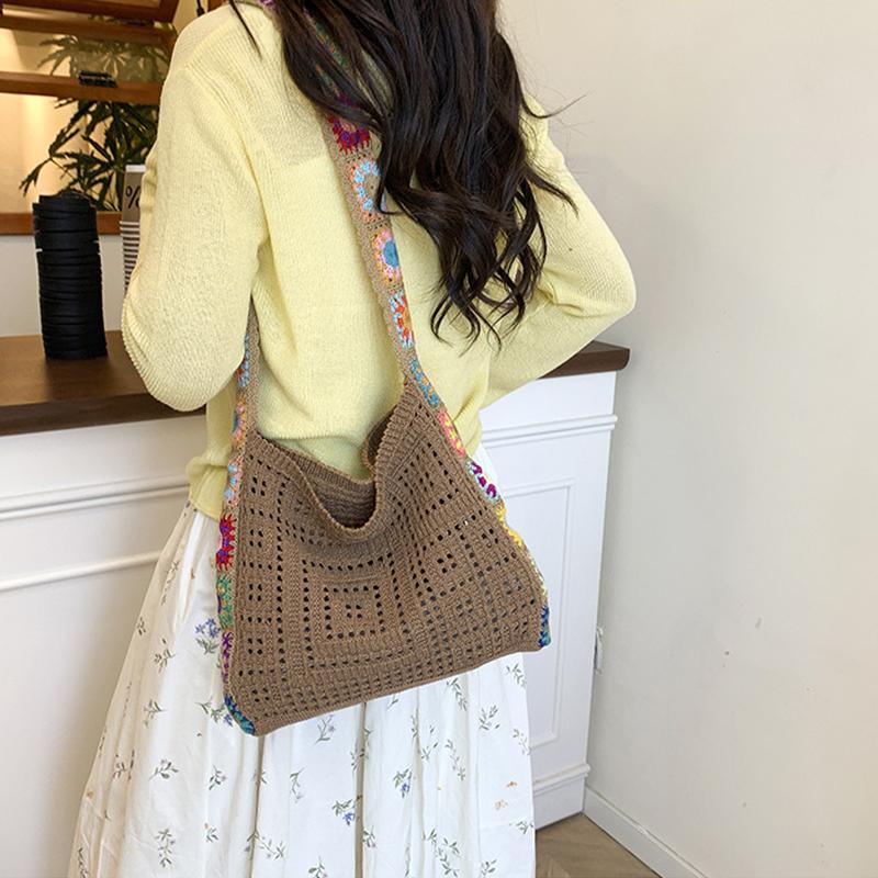 Large Capacity Fashion Cut-out Boho Tote Bag Trendy Floral Crochet Handmade Knitted Bag Vintage Multicolor Hollow Out Handbag