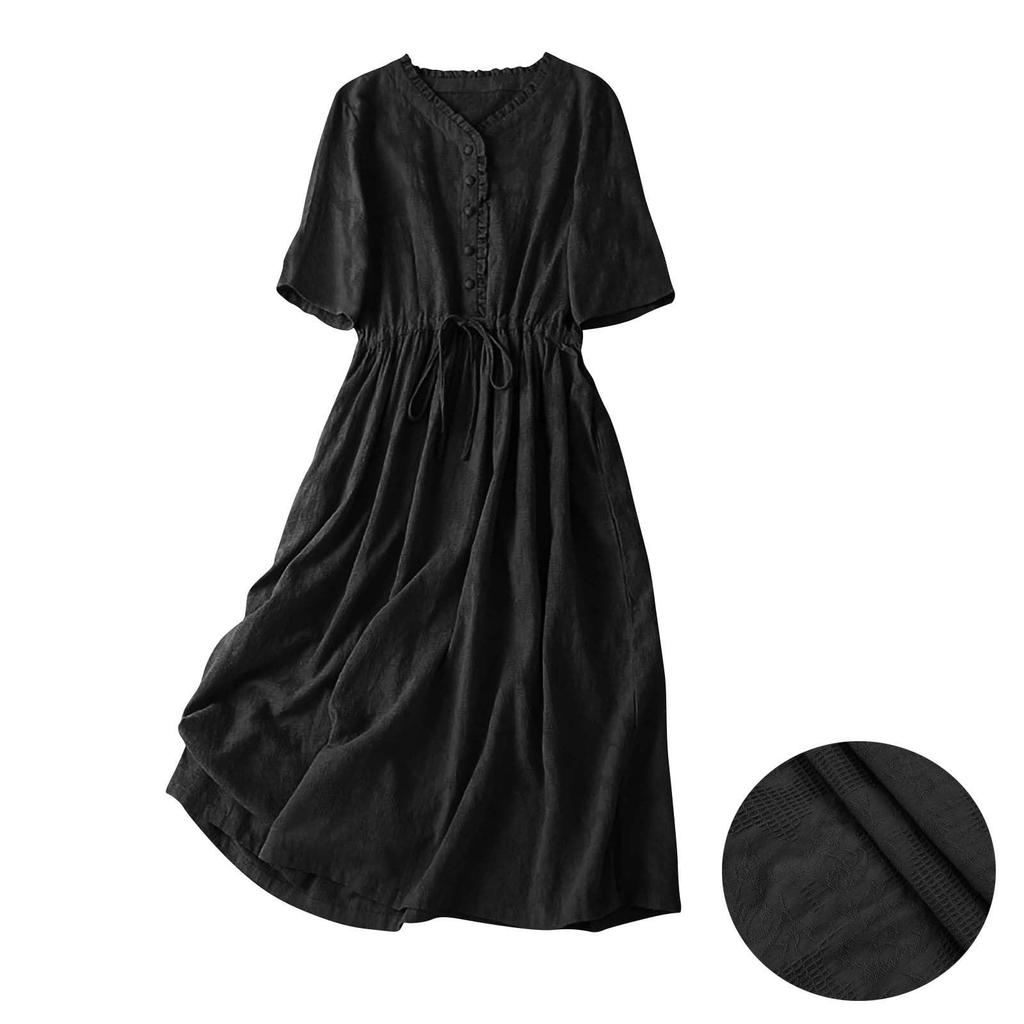 Women's Summer Forest Retro Literary Cotton And Linen Solid Color Dress