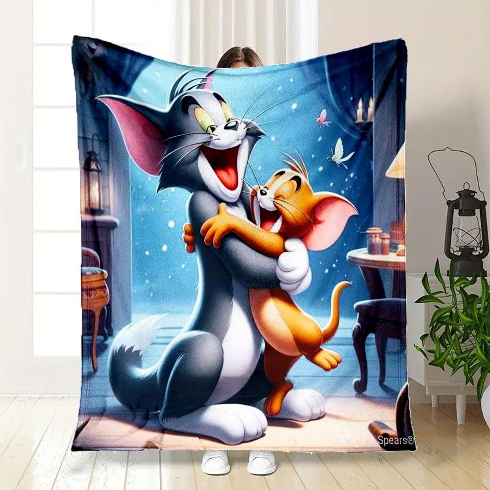 "Tom & Jerry Hug: Classic Cartoon Art Print"Blanket Flannel Throw Blanket for Sofa, Bed, Travel, Camping, Office