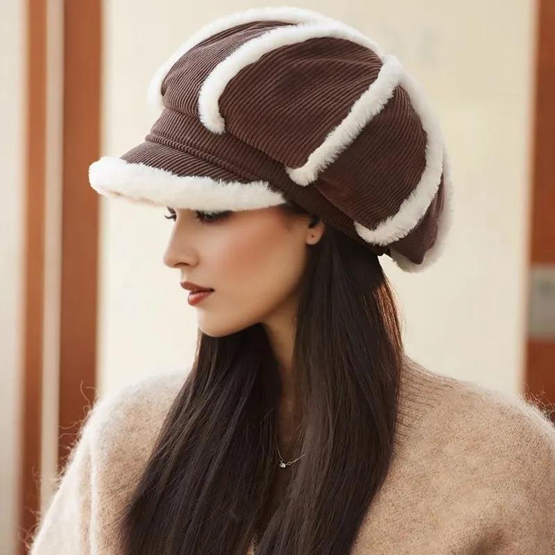 1PC Plush-Lined Gift Corduroy Material Versatile Beret Exquisite Thickened Design Warmth Accessories Elegant 56-58cm