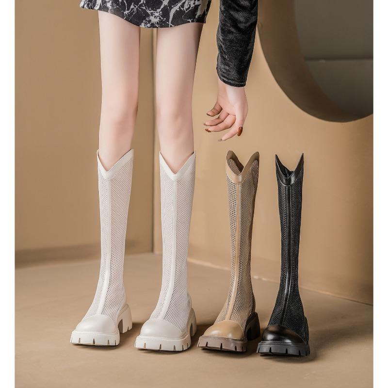 Summer Long Cold Boots for Women 2025 New V-mouth Breathable Mesh Knight Boots Fashion Thick Heel Hollow Mesh Cool Boots