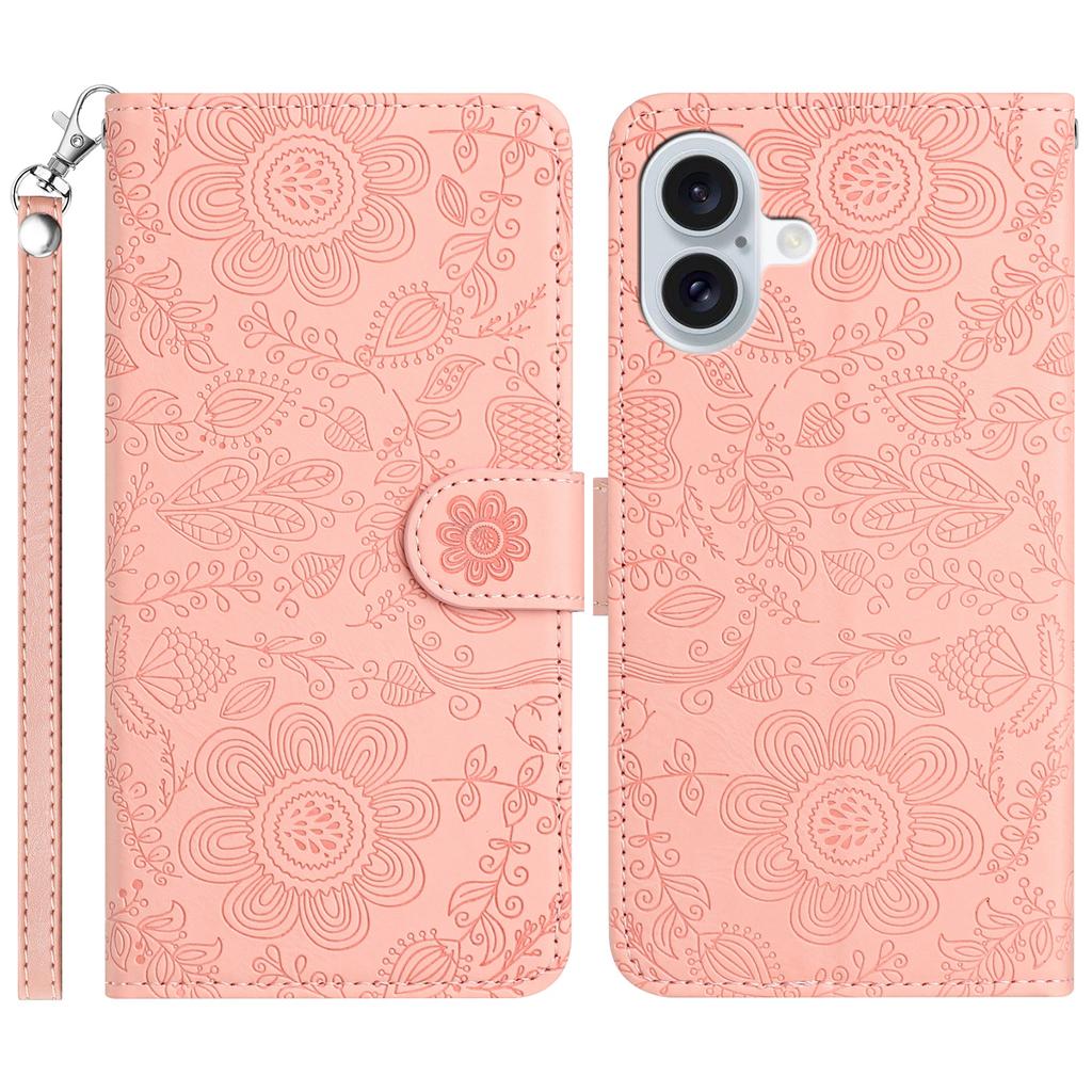 For iPhone 16 Plus Case Flower Imprint Leather Flip Wallet Phone Cover with Wrist Strap