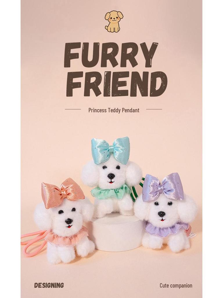 Adorable Princess Teddy Dog Pendant with Bow Tie - Plush Keychain Doll