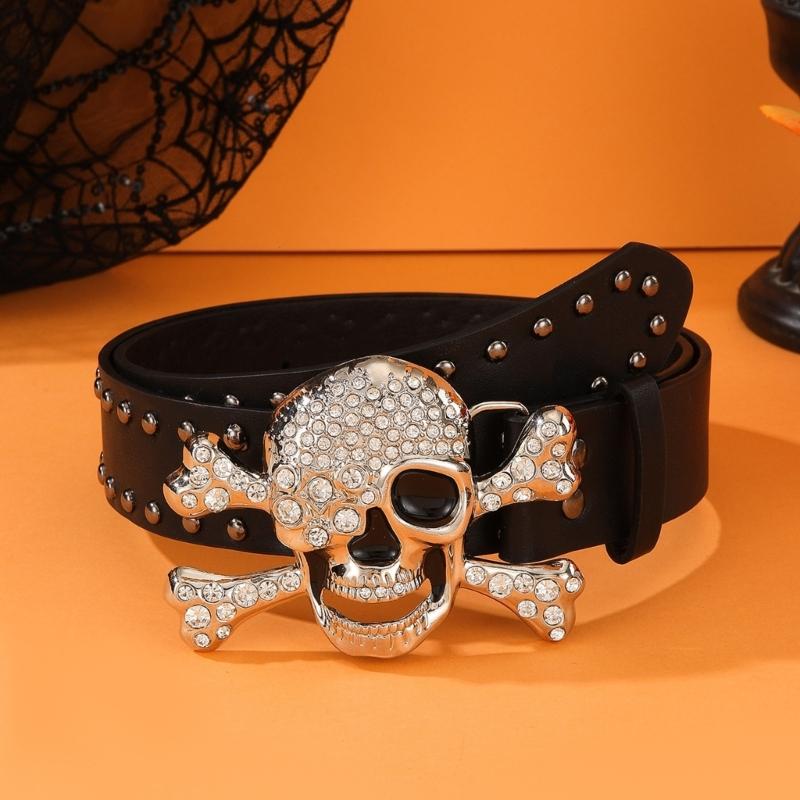 Popular Rhinestones Skull Buckle Belt for Adult Rivet Studded Belt All Matching Western Belt for Daily and Club Wear