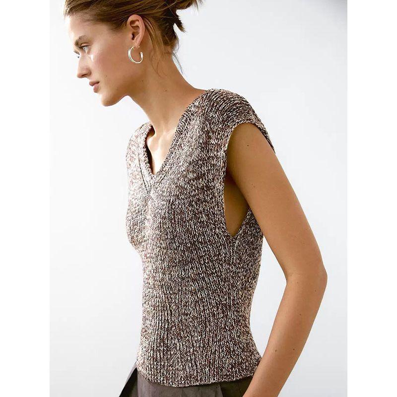 MD Women clothes French style Simple Pure Cotton Two-Color Yarn V-neck Sleeveless Knitted Sleeveless t-shirt Top Tide 05691733700