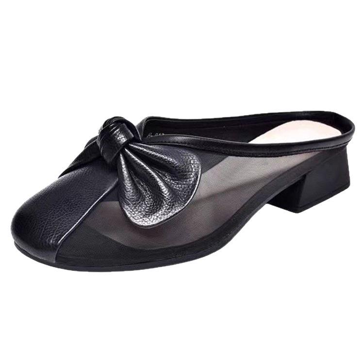 Zapatillas piel suave zapatillas frescas bolsa exterior cabeza verano nuevo malla tacón bajo zapatos sencillos