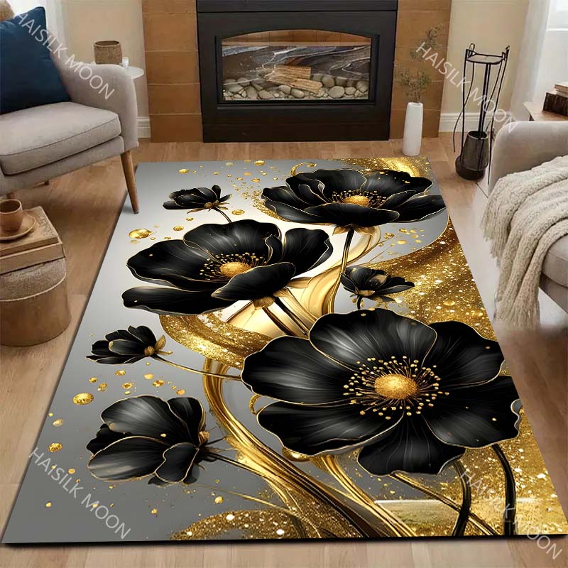 Beautiful Golden Flowers Carpet for Living Room Bedroom Bedside Floor Mat Sofa Table Area Rugs Home Decor Large Size