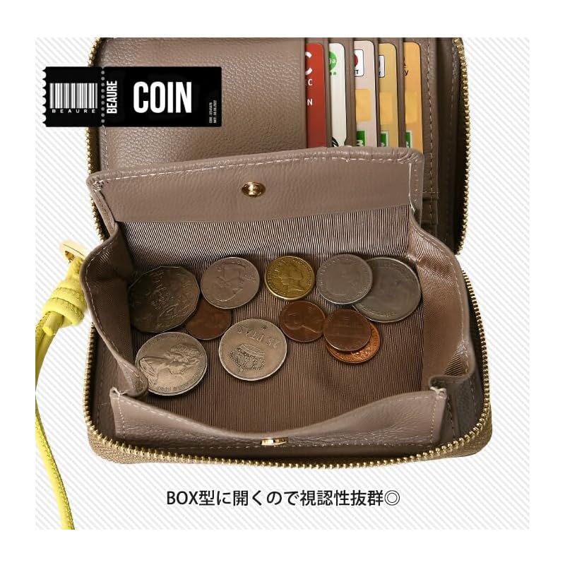 [BEAURE] [Vuret] B-24097 genuine leather short wallet middle wallet round zipper bi-fold with hand strap ladies silver