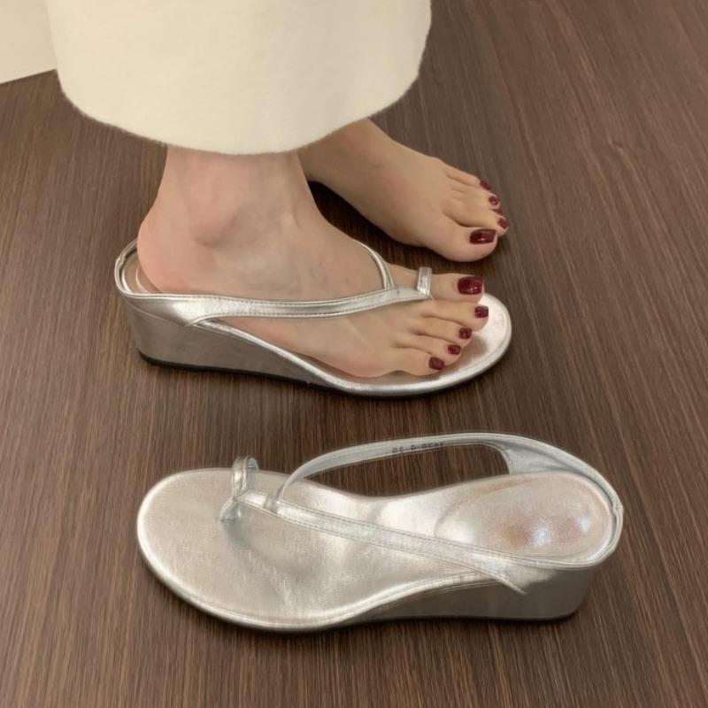 Fashion Genuine  Toe Strap Clip On Flip Flops Women 2025 Summer New Style with Thick Heel and Small Wedge Heel Sandals Slippers