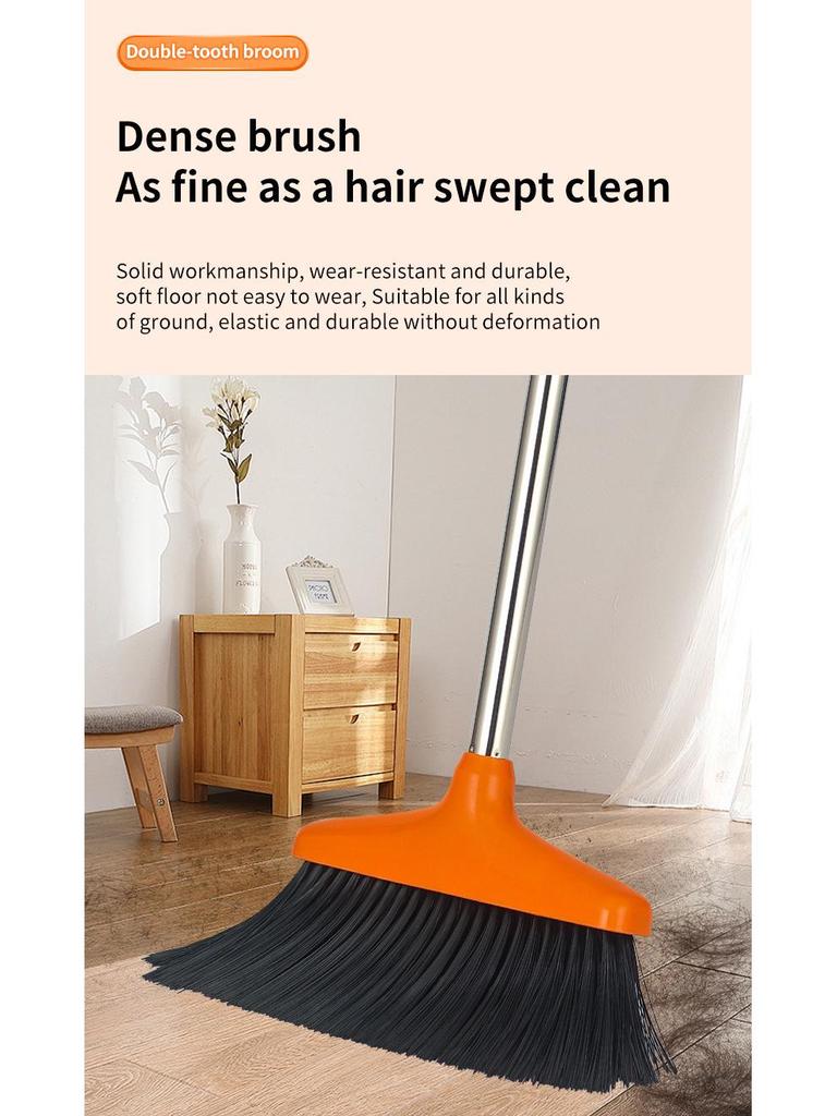 Family Upright Broom & Dustpan Set with Extra Long Handle for Indoor/Outdoor Use