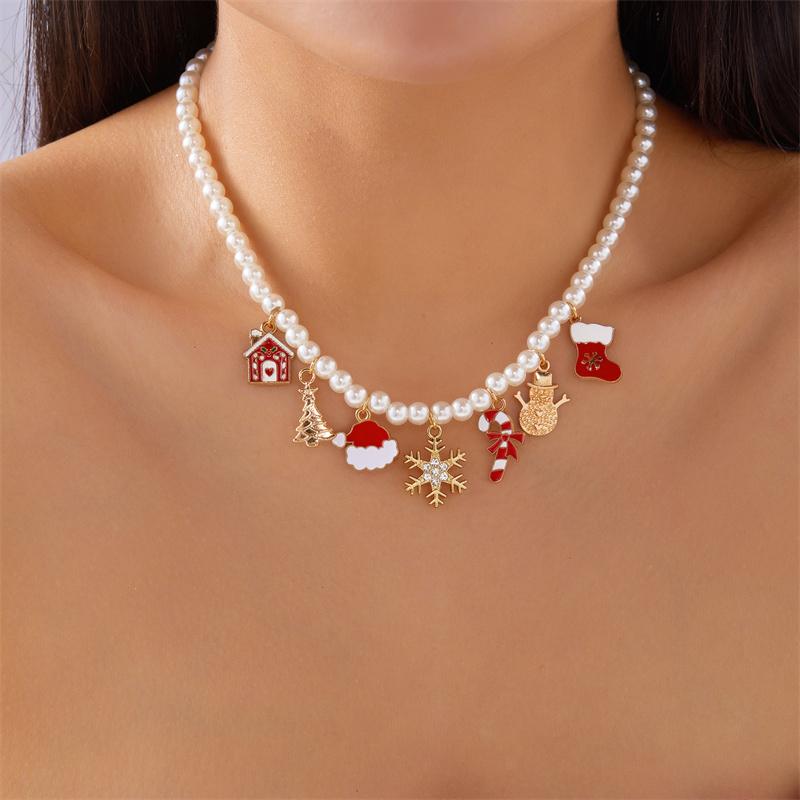 Fashion Christmas Metal Chain Necklace For Women Crystal Zircon Elk Santa Claus Snowman Bell Xmas Tree Pendant Choker Jewelry