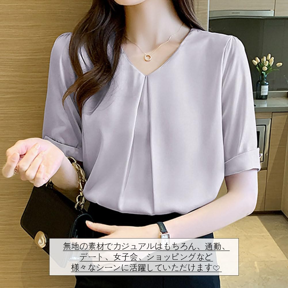 Short Chiffon Loose Body Summer [Bidason] Women's Blouse, Sleeve, Shirt, V-Neck, Summer, Fit, Slimming, Tuck, Casual, Covering, Neat, Stylish, Cute,