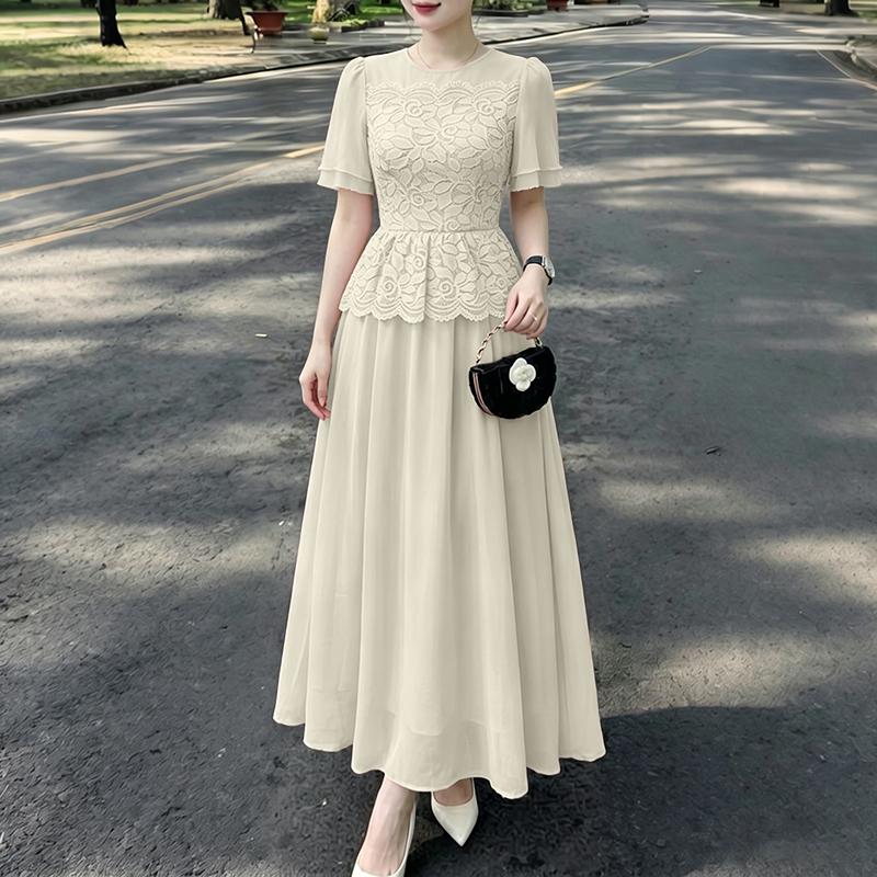 ZANZEA Women Elegant Lace Crochet Patchwork Casual Round Neck Short Sleeve Mesh Long Dress M белый