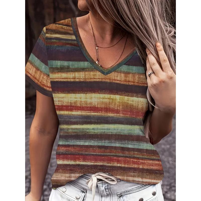 

Полосатая женская футболка, летняя уличная мода, трендовая футболка с коротким рукавом и V-образным вырезом, большой размер, свободная женская одежда, универсальная 3XL