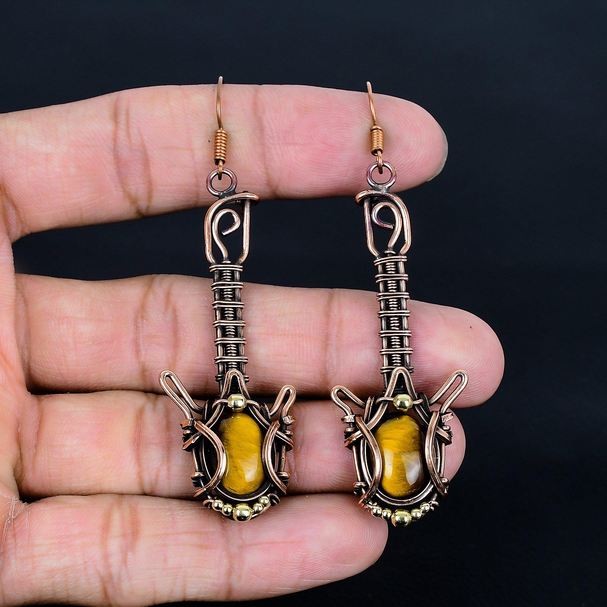 

Tiger Eye 999 Copper Wire Wrapped Earrings, Handmade Gemstone Jewelry Earrings For Memorial Day 2.55 Inches