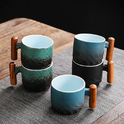 70ml Ceramic Retro Coffee Cup Office Water Cup Filter Tea Mug Wooden Handle Coffee Mug Handmade Tea Coffee Cup Birthday Gift