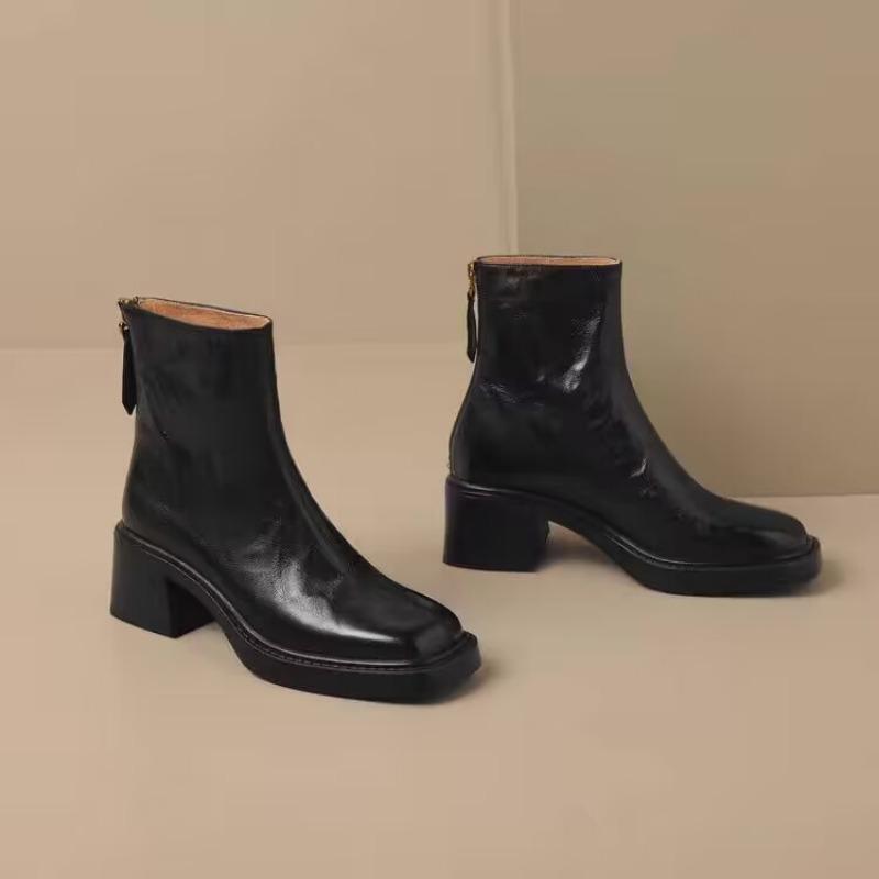 Damen Chelsea Boots Neu Runde Zehenpartie Blockabsatz Damenstiefel Outdoor High Heel Reißverschluss hinten Lederstiefel Zapatos Mujer D475