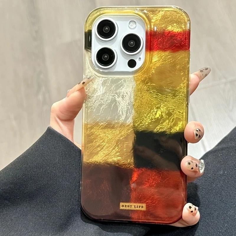 Dopamine Color Block Match Plaid Phone Case For iPhone 17 16 15 14 13 12 11 Pro Max Air 16E SE2 7 8 Plus Grid Label Matte Cover