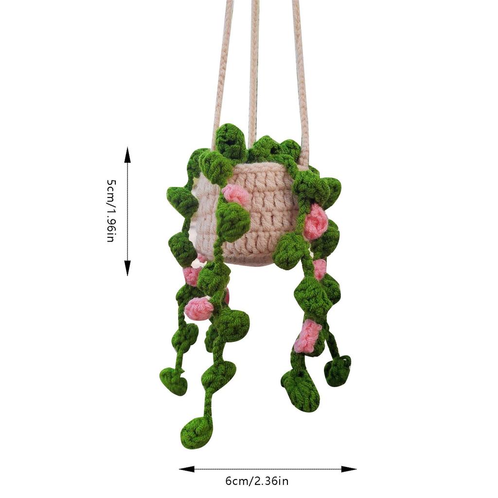Boho Car Plant Crochet Hanging Basket Ornaments Hand Knitting Potted Hanging Plant Rear View Mirror Pendants Car Decoration