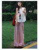 Women's Summer Pink Plaid Wide Leg High Waist Pants - Petite, Loose, and Casual Style