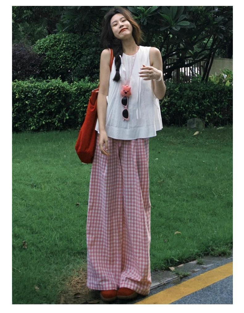 Women's Summer Pink Plaid Wide Leg High Waist Pants - Petite, Loose, and Casual Style