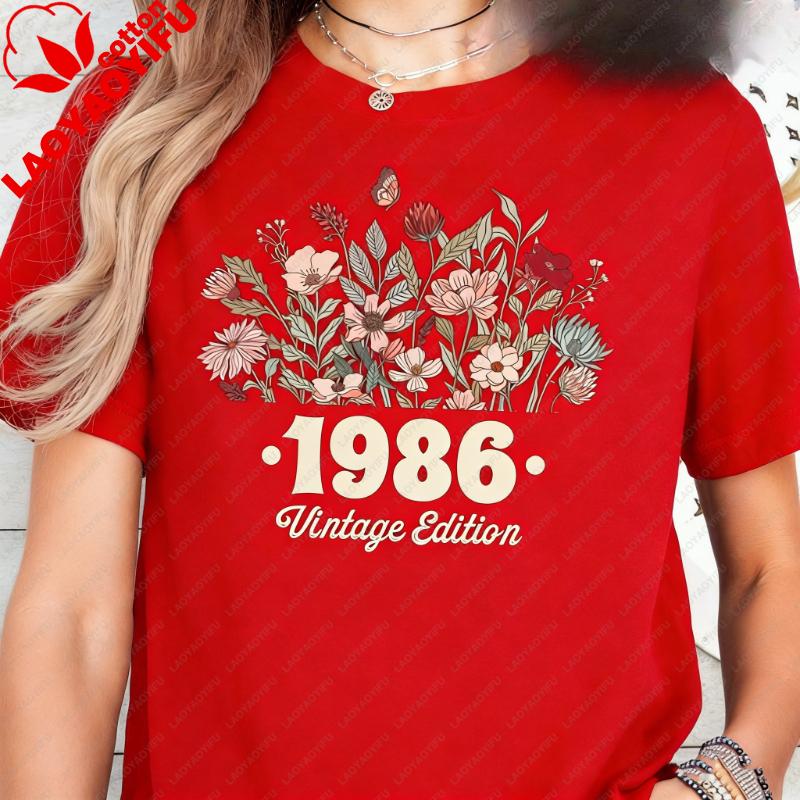 40th Birthday Shirt Flower 1986 Birth Year Number For Wounisex Graphic Tshirt Turning 40 Plus Gift Crewneck Shortsleev Tops