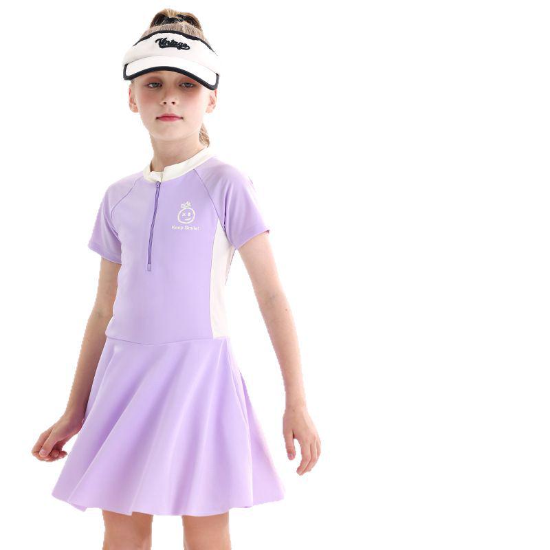 2026 Girls' One-Piece Swimsuit: Sun Protection, Quick-Dry, Short-Sleeve Swimwear for Medium & Large Children