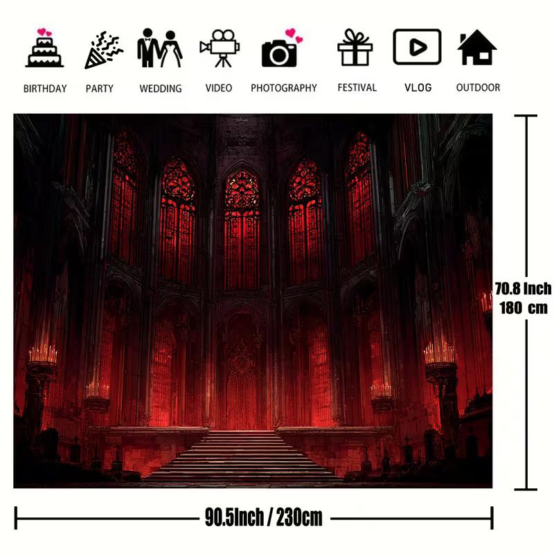 2D Dark Fantasy Cathedral Tapestry, Red Stained Glass & Candles Wall Hanging