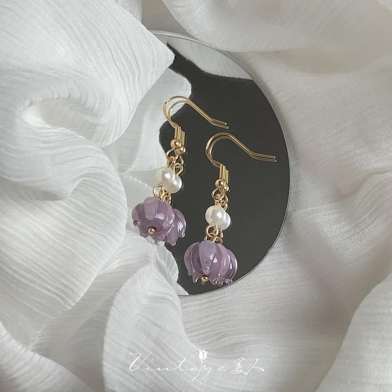 "Midsummer Vine Flower" French Retro Gentle Niche Temperament Purple Glazed Flower Plant Earrings/Earclips