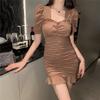 Light and mature women's clothing niche temperament sexy hip-wrapped fish tail square neck bubble sleeve dress new summer Muse
