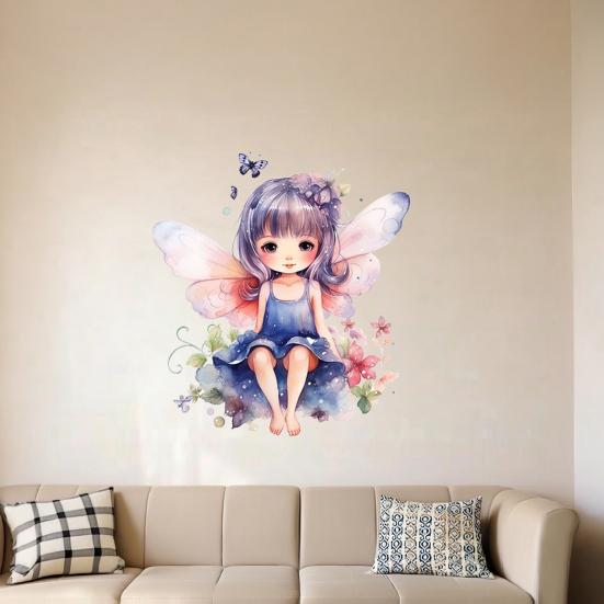 Butterfly Fairy Wall Sticker, Watercolor Purple Hair Fairy Removable Wall Decal for Girls Room, Self-Adhesive PVC Wall Art, Easy Install &