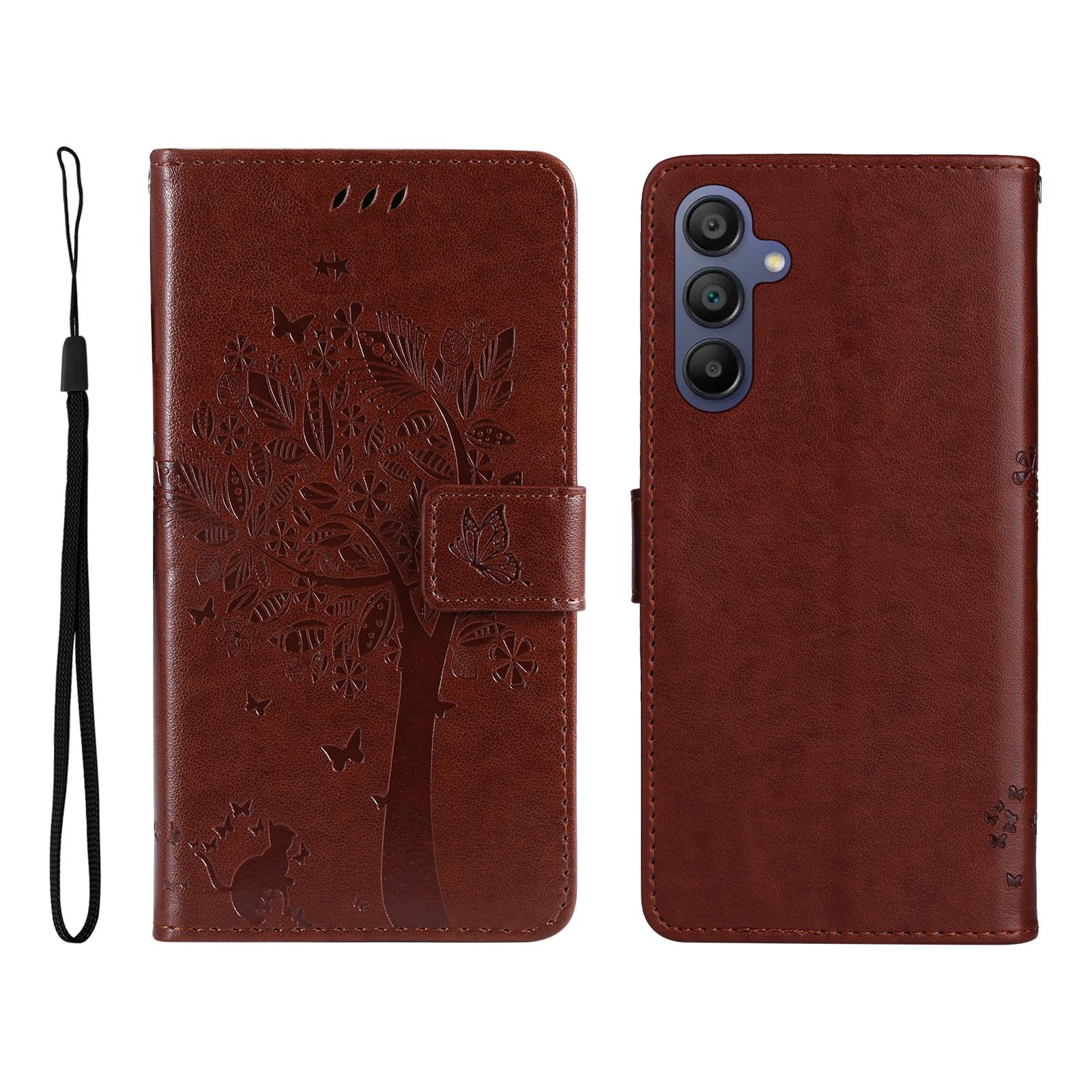 

For Samsung Galaxy A17/A26 5G/A16 5G/A16 4G Phone Case with Stand Cat Tree Pattern Leather Wallet Mobile Cover Coffee