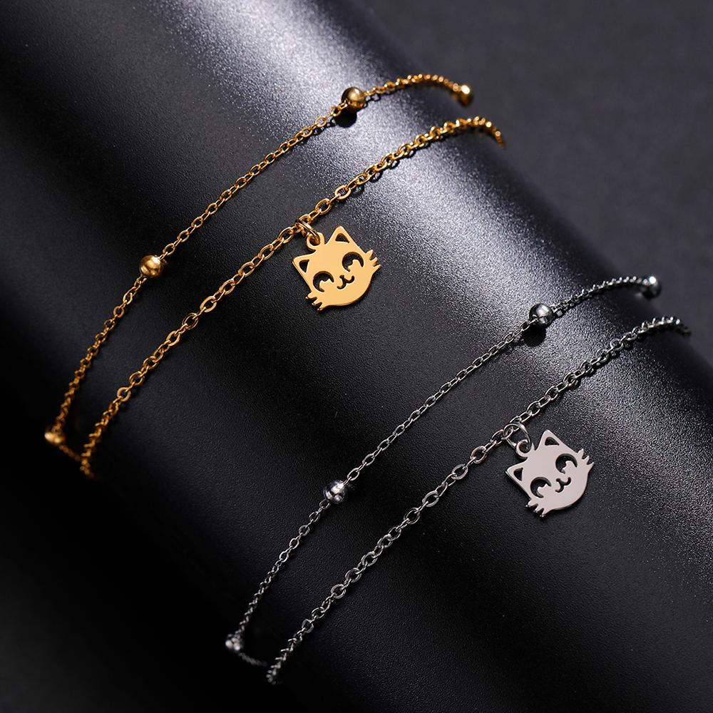 Cazador Cute Cat Kitten Head Bracelet for Women Stainless Steel Animal Double Chain Bracelet On Hand Jewelry Gift Wholesale 2026
