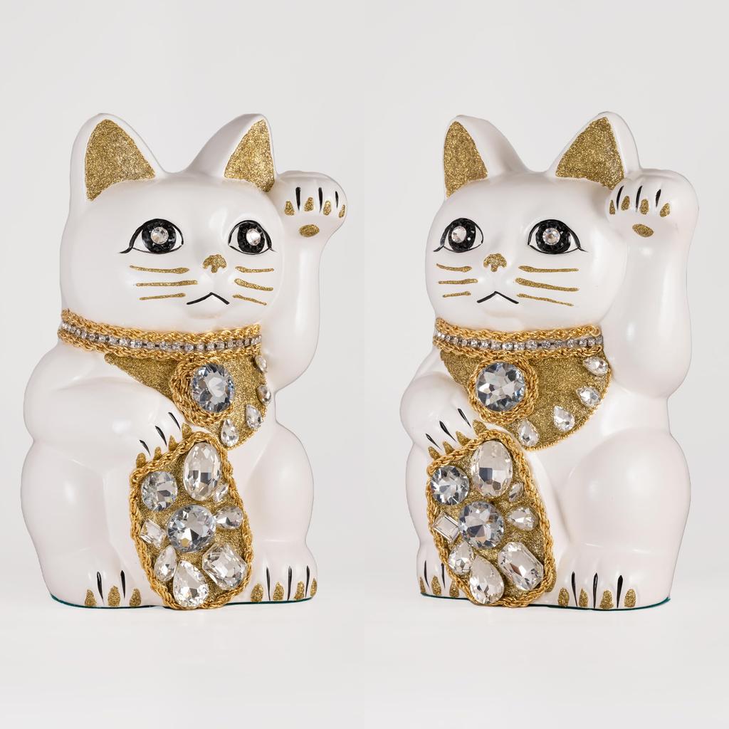Lucky Cat Jewelry Cat Left Paw Raised Ceramic Lucky Cat Maneki Neko Feng Shui Ornament Offering Box (L-SIZE White) / - (Lucky Cat) - - (jw_L White)