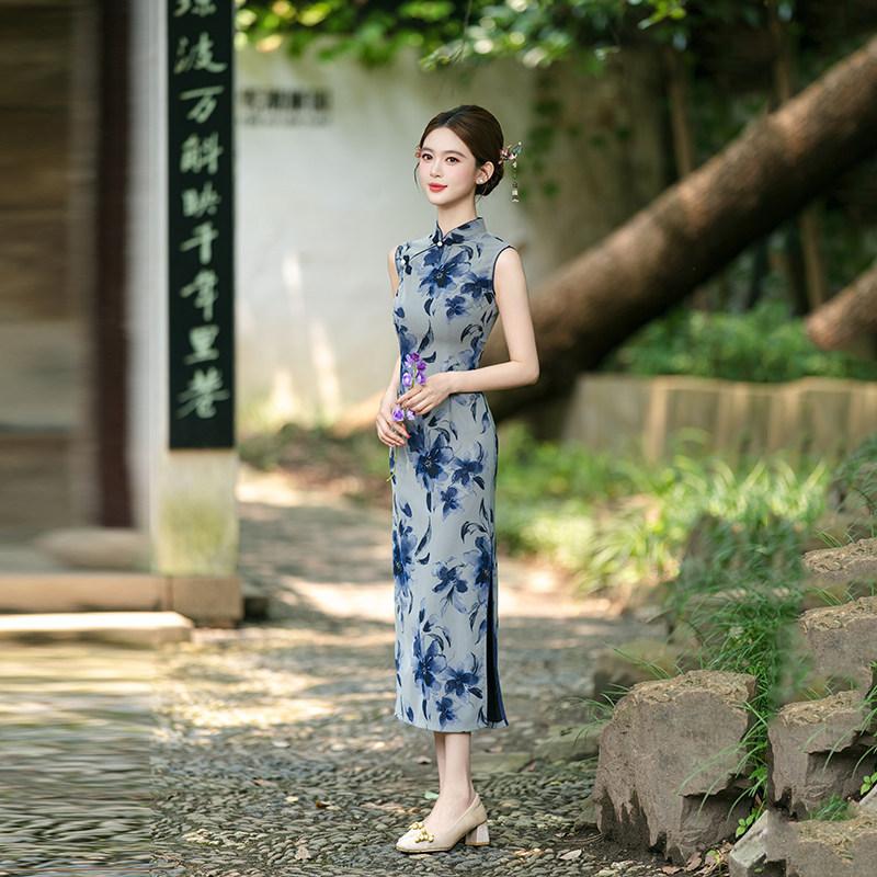 Blue sleeveless national style new Chinese daily Suzhou long cheongsam improved young 1011 new women's high sense