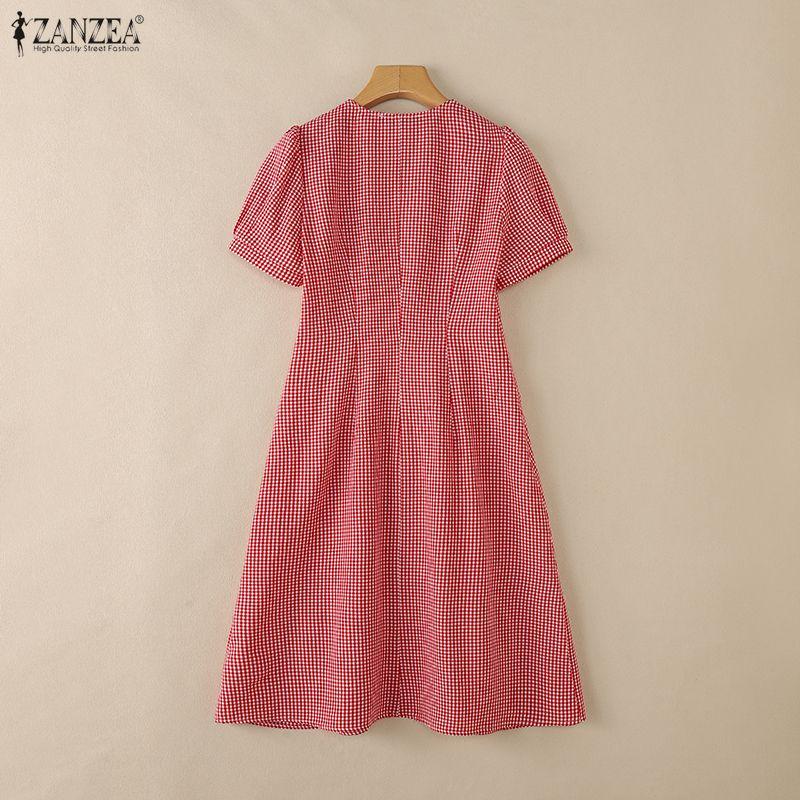 ZANZEA Women Casual V-Neck Short Sleeve Grid Print Dress