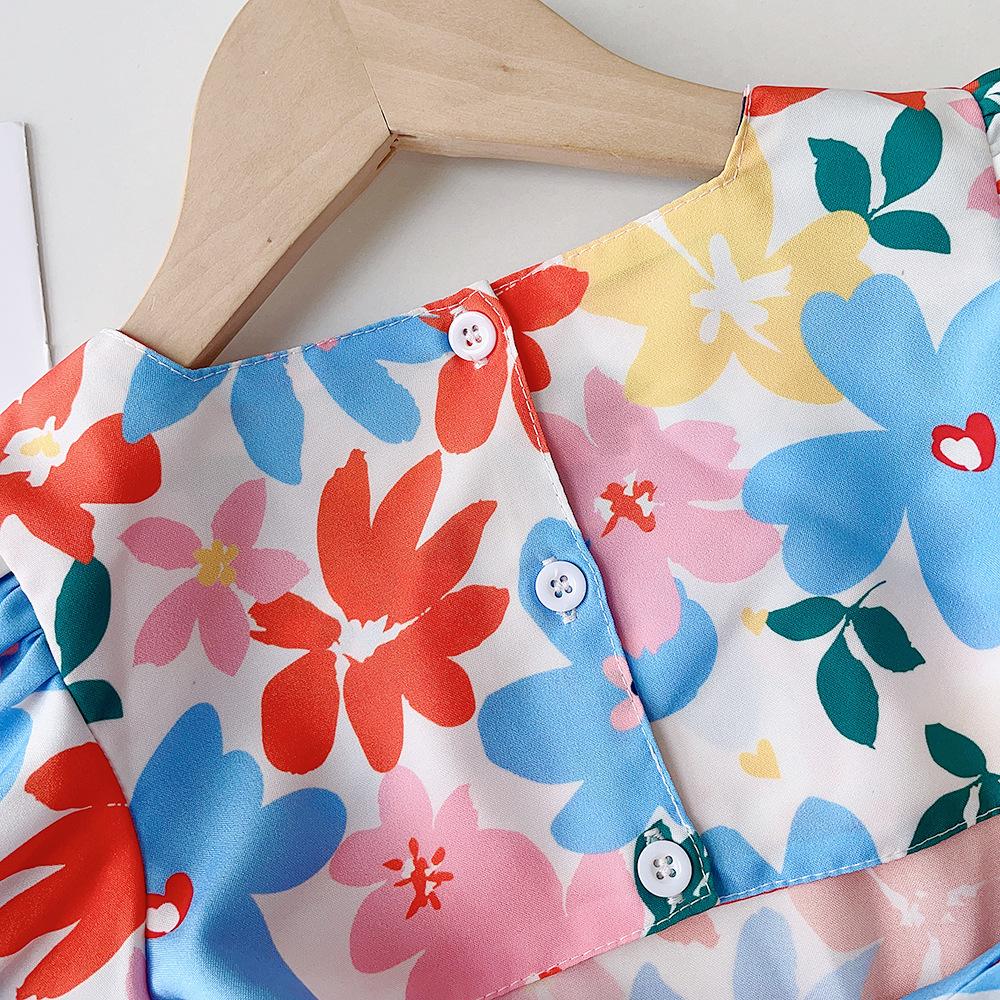Children's Clothing Backless Design Floral Girl's Dress Summer Style Puff Sleeve Baby Girl Short Sleeve Dress Vacation Dress