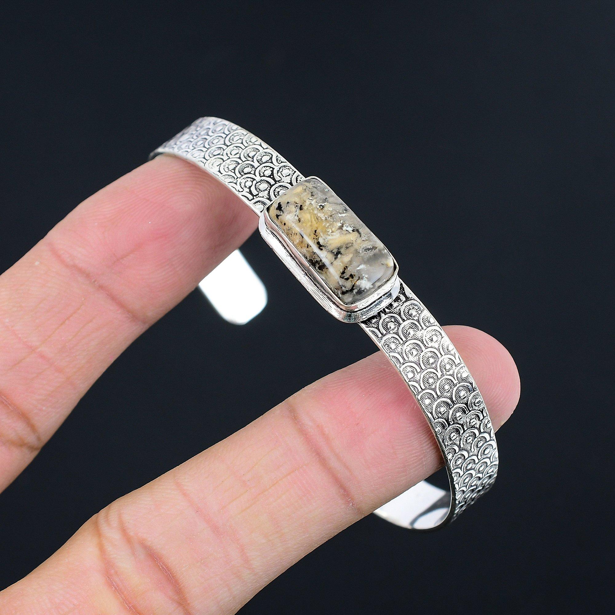 

Sterling Silver Radiant Dendritic Tiger Stone Engagement Trendy Birthday Bangle Adjustable