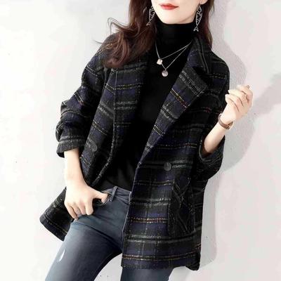 2025 Women's Mid-Length Plaid Wool Coat - Retro Loose Fit for Autumn/Winter