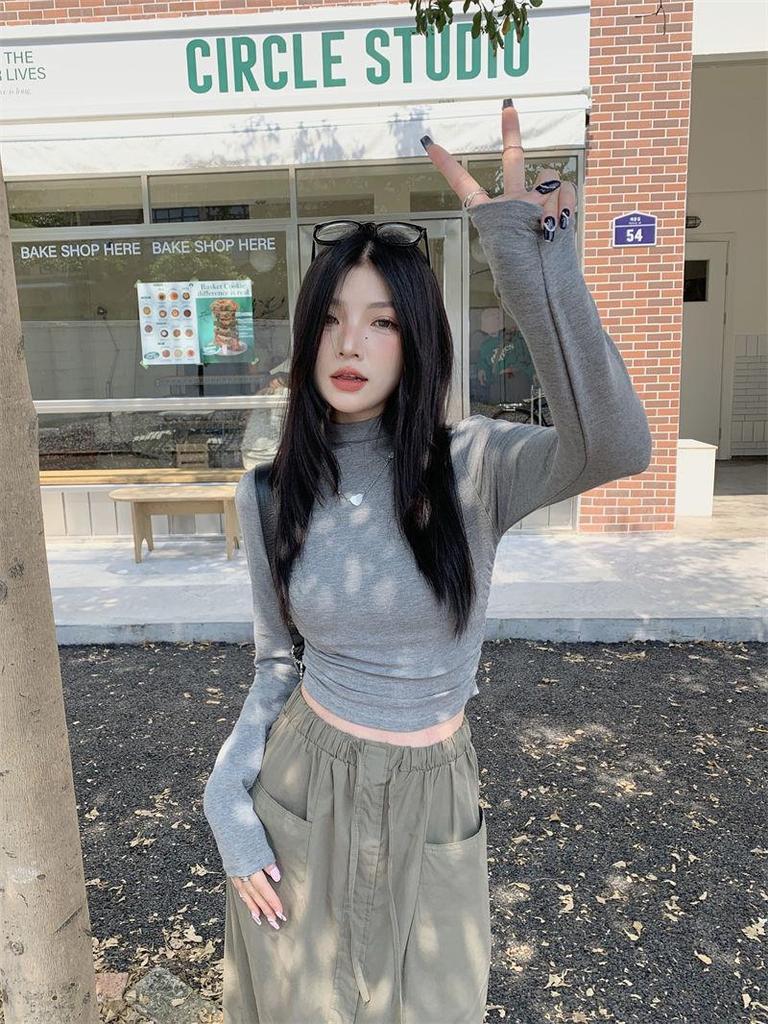 Women's Spicy Girl Ruched Semi-High Neck Slim Fit Long Sleeve Top