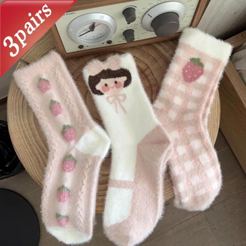 1/3 Pairs Ladies' Socks Pack Autumn Winter Thickened Warm Plush Floor Socks Pink Cartoon Cute Kawaii Sweet Mid Tube Socks Girl